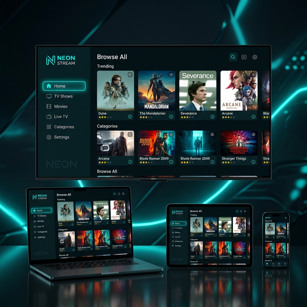 Multi-device mockup showing IPTV on Smart TV, Laptop, and Mobile